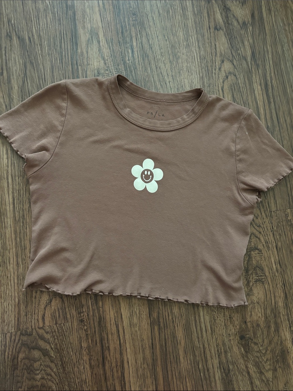 PS / LA PacSun Happy Flower Smiley Crop Tee Mocha Brown Lettuce Hem S